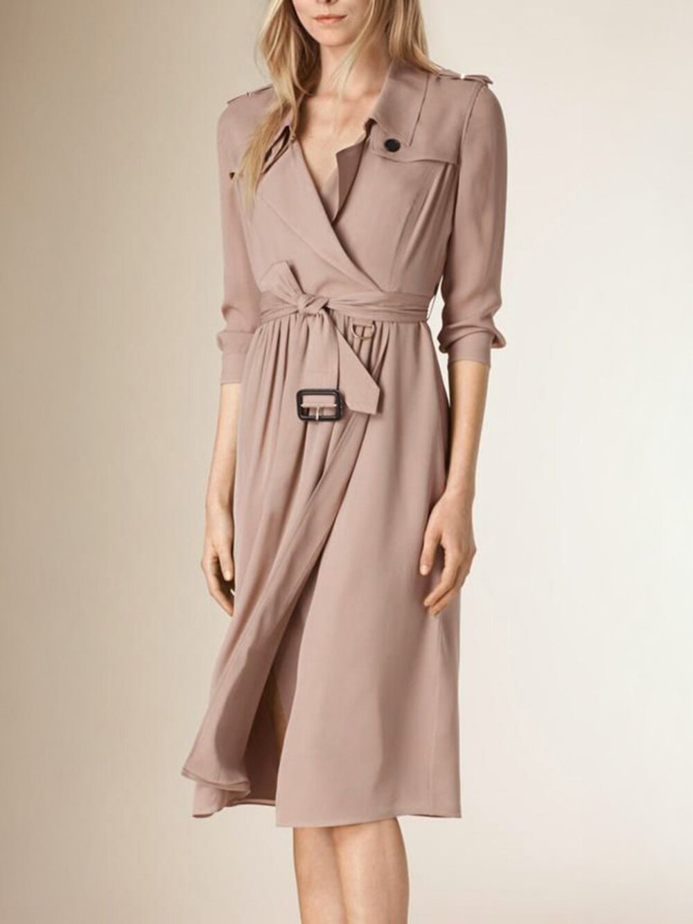 NWT Burberry Trench Styling 3/4 Length Sleeve Belted Silk Dress, Nude, US 2